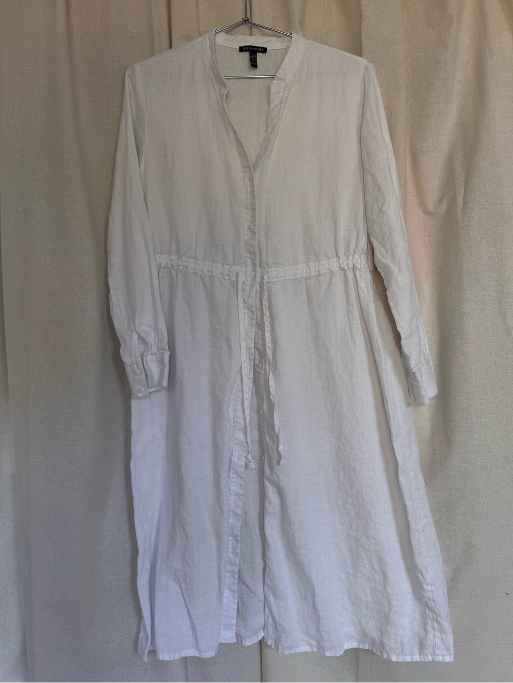 eileen fisher maxi button up long sleeve shirt dress wool linen optic white